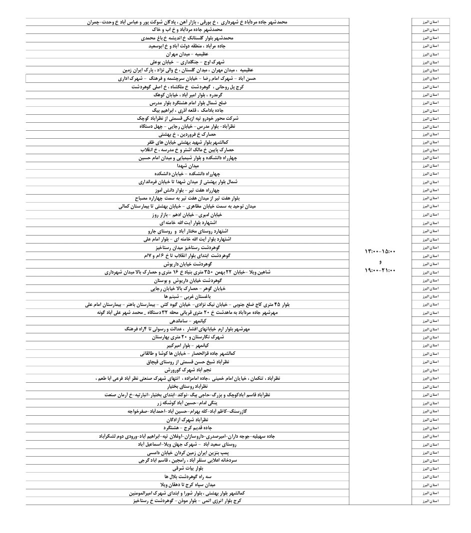 جدول قطعی برق استان البرز امروز شنبه ۸ شهریور ۱۴۰۴