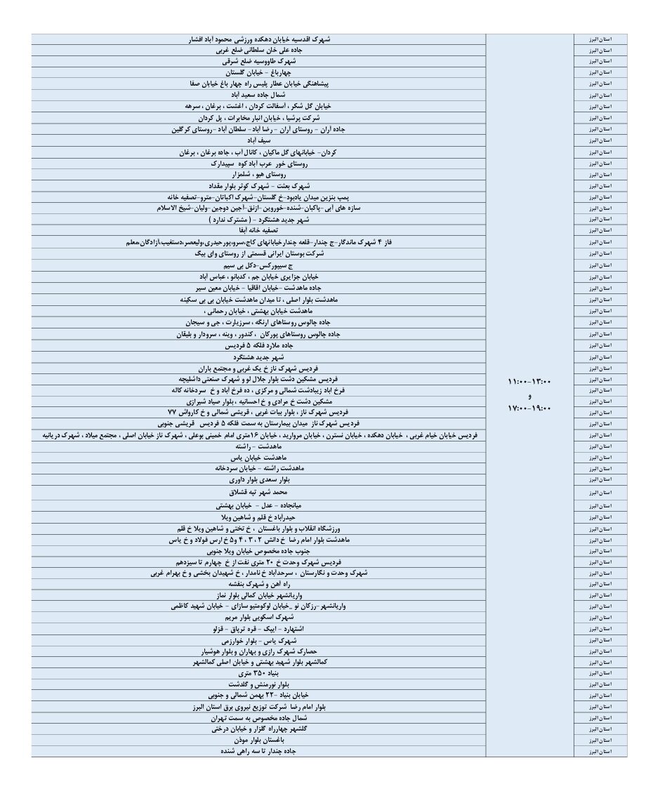 جدول قطعی برق استان البرز امروز شنبه ۸ شهریور ۱۴۰۴