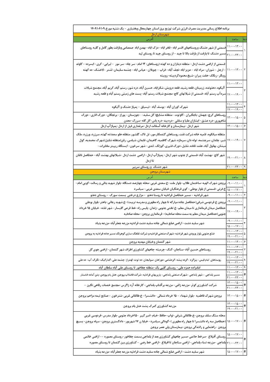 برنامه قطعی برق چهارمحال و بختیاری یکشنبه ۹ شهریور + جدول