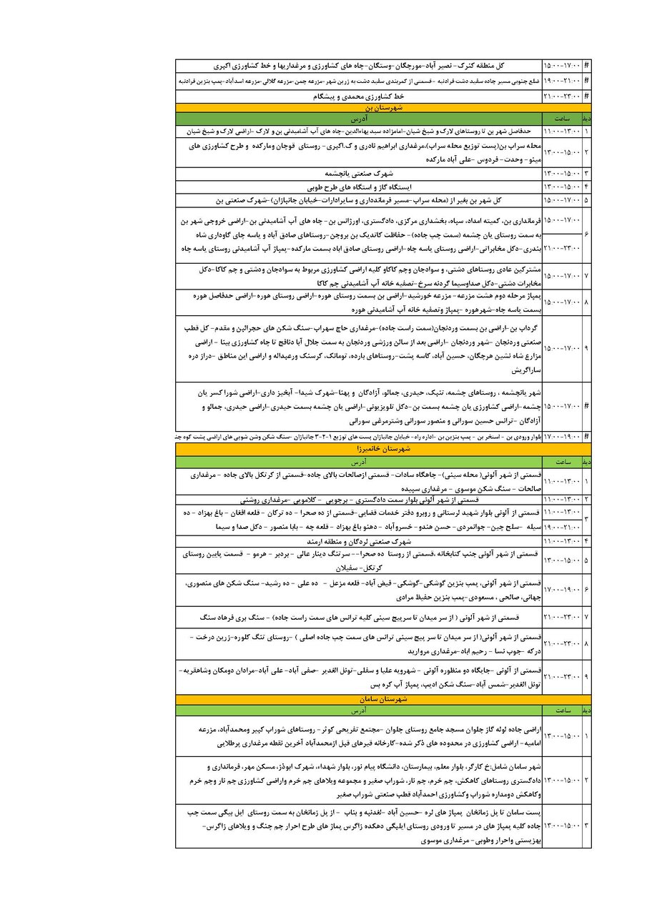 برنامه قطعی برق چهارمحال و بختیاری یکشنبه ۹ شهریور + جدول