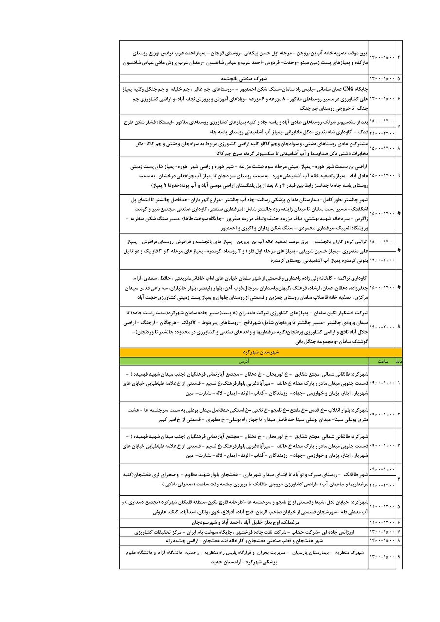 برنامه قطعی برق چهارمحال و بختیاری یکشنبه ۹ شهریور + جدول