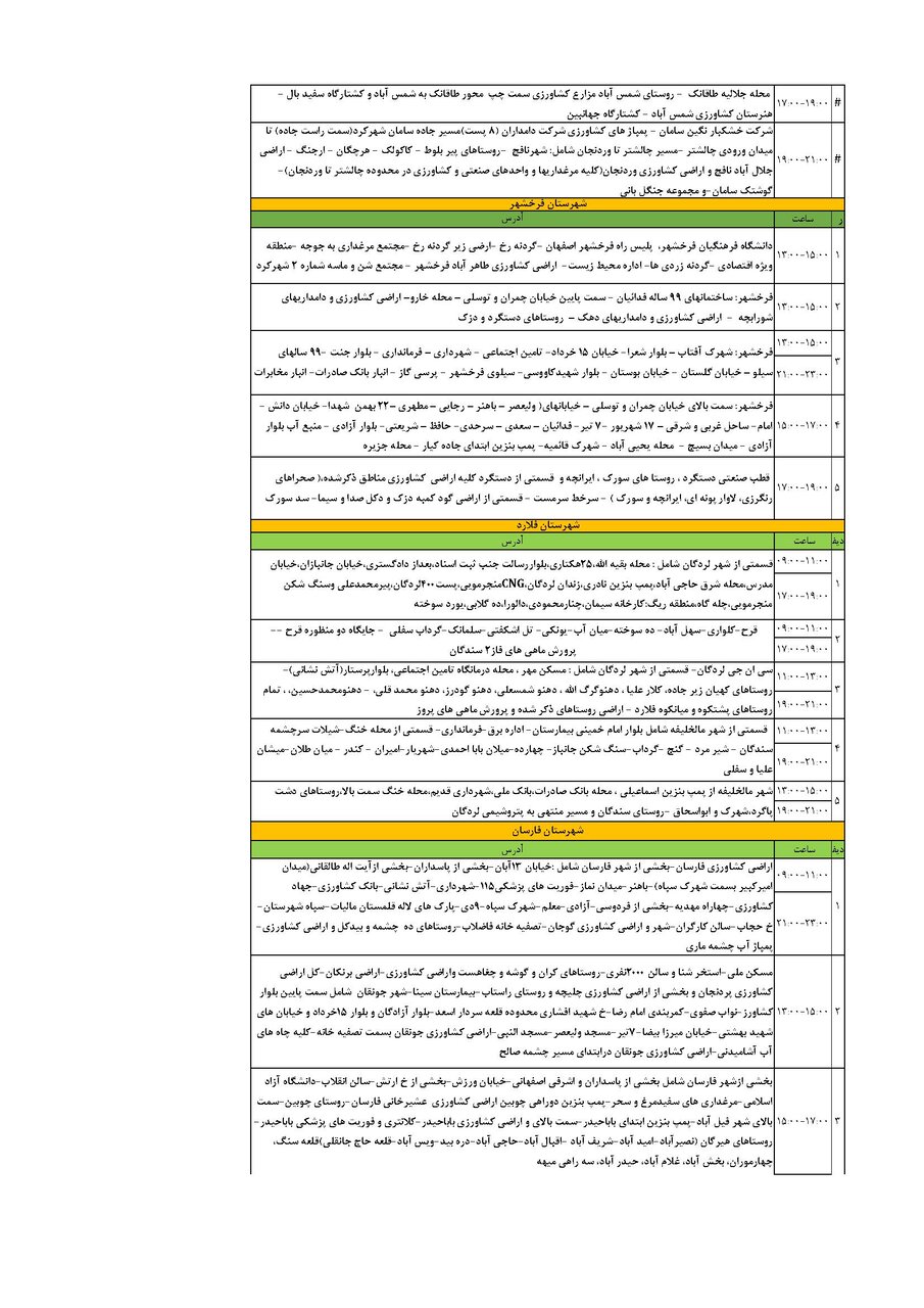 برنامه قطعی برق چهارمحال‌ و بختیاری‌ یکشنبه ۹ شهریور + جدول
