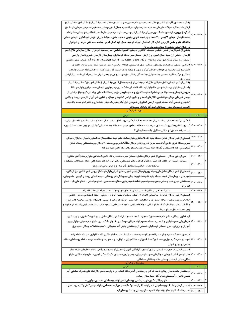 برنامه قطعی برق چهارمحال و بختیاری یکشنبه ۹ شهریور + جدول