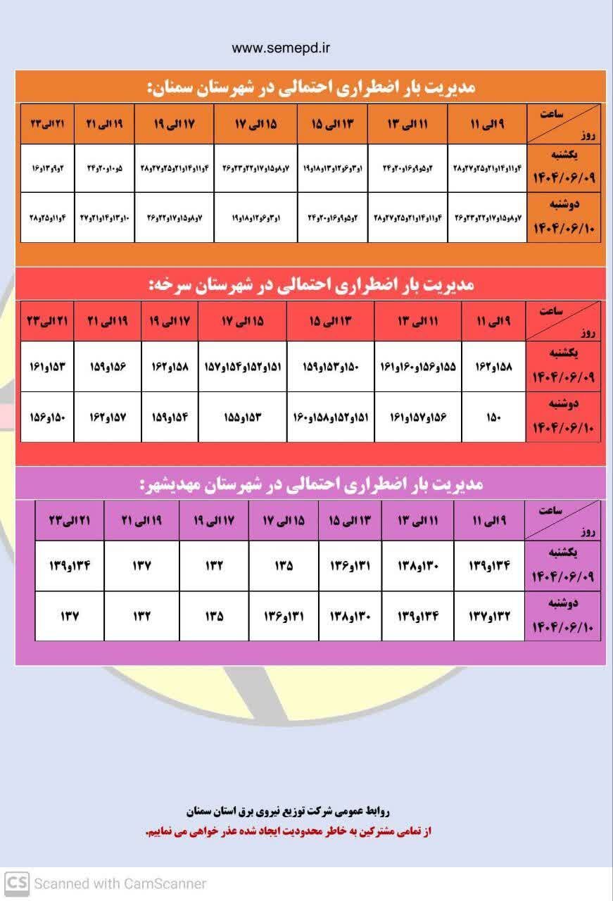 جدول قطعی برق استان سمنان امروز یکشنبه ۹ شهریور ۱۴۰۴ + لیست مناطق