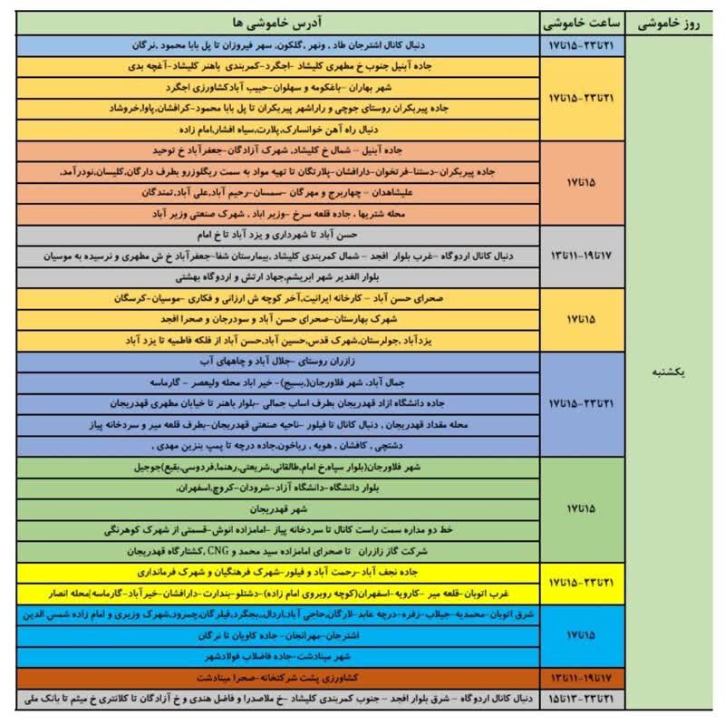 قطعی برق استان اصفهان فردا یکشنبه ۹ شهریور ۱۴۰۴ + جدول