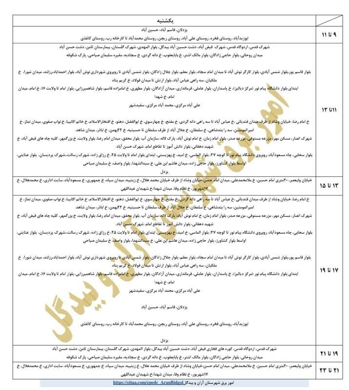 قطعی برق استان اصفهان فردا یکشنبه ۹ شهریور ۱۴۰۴ + جدول