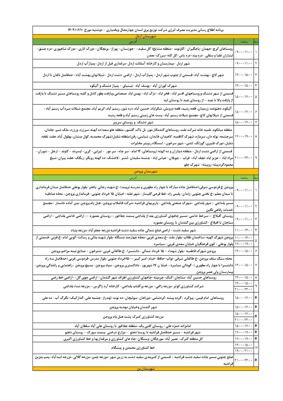برنامه قطعی برق چهارمحال‌ و بختیاری‌ دوشنبه ۱۰ شهریور + جدول