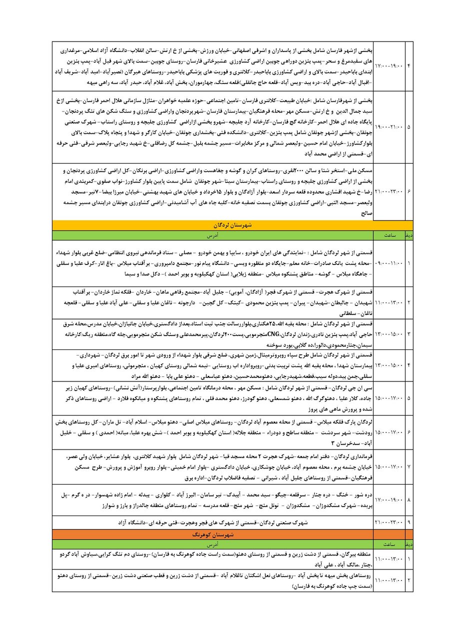 برنامه قطعی برق چهارمحال و بختیاری دوشنبه ۱۰ شهریور + جدول