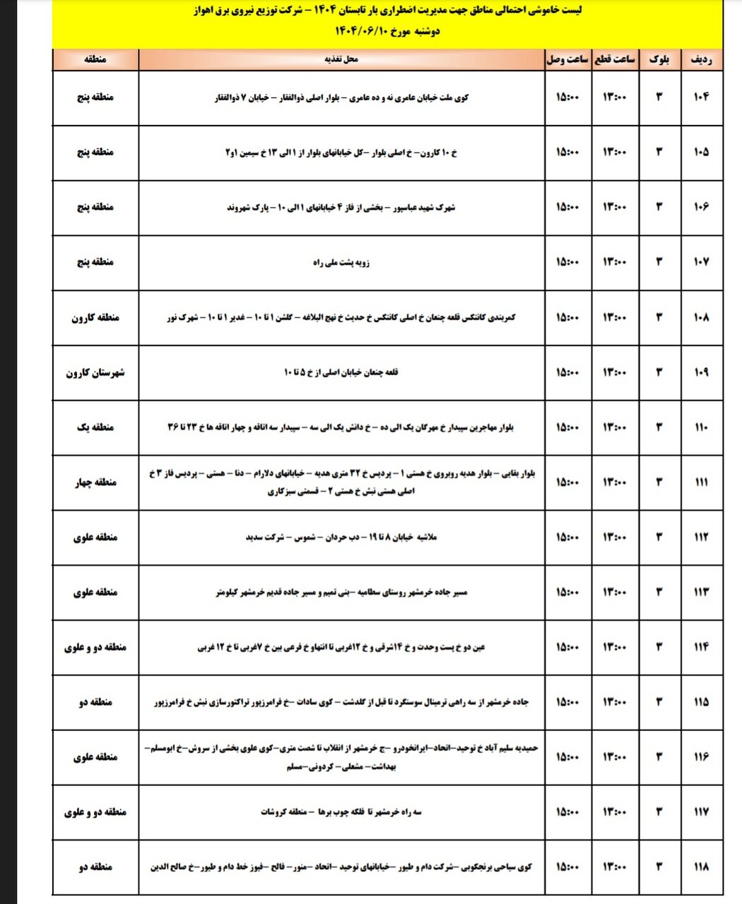 جدول خاموشی