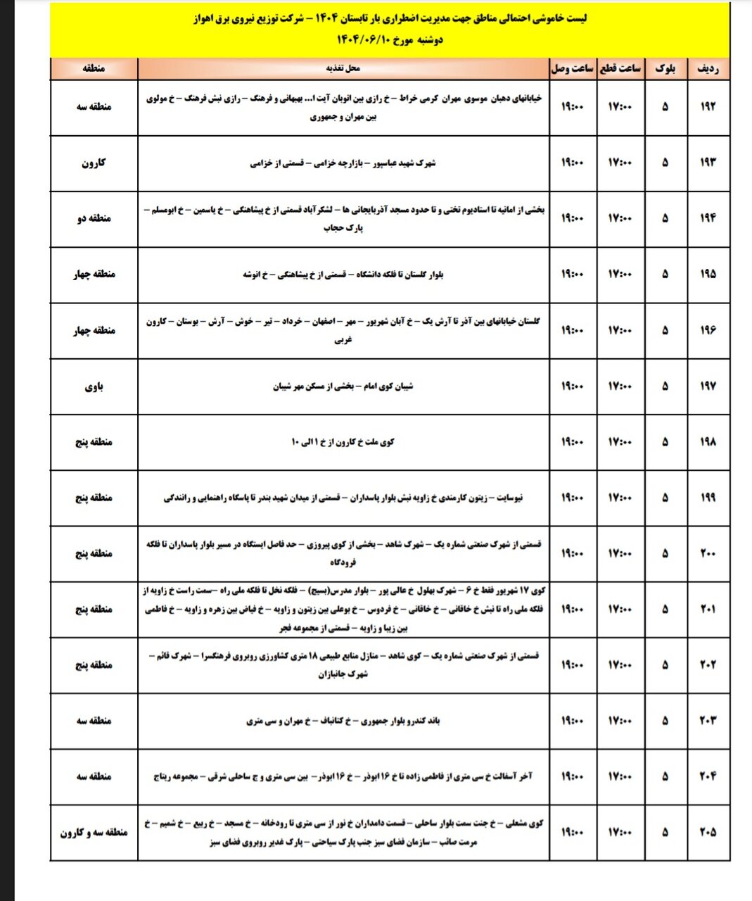 جدول خاموشی