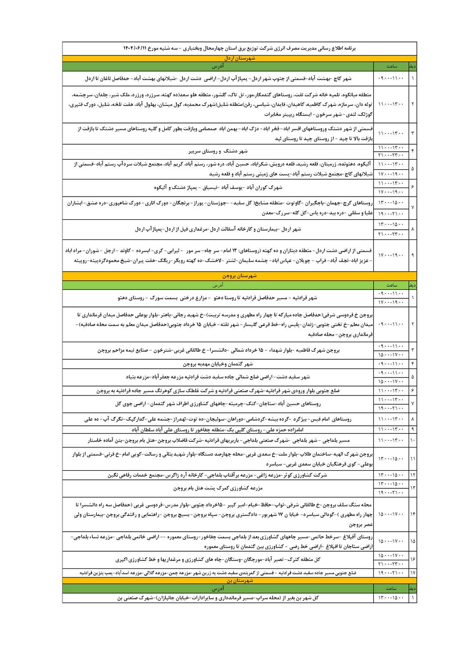 برنامه قطعی برق چهارمحال‌ و بختیاری‌ سه شنبه ۱۱ شهریور + جدول
