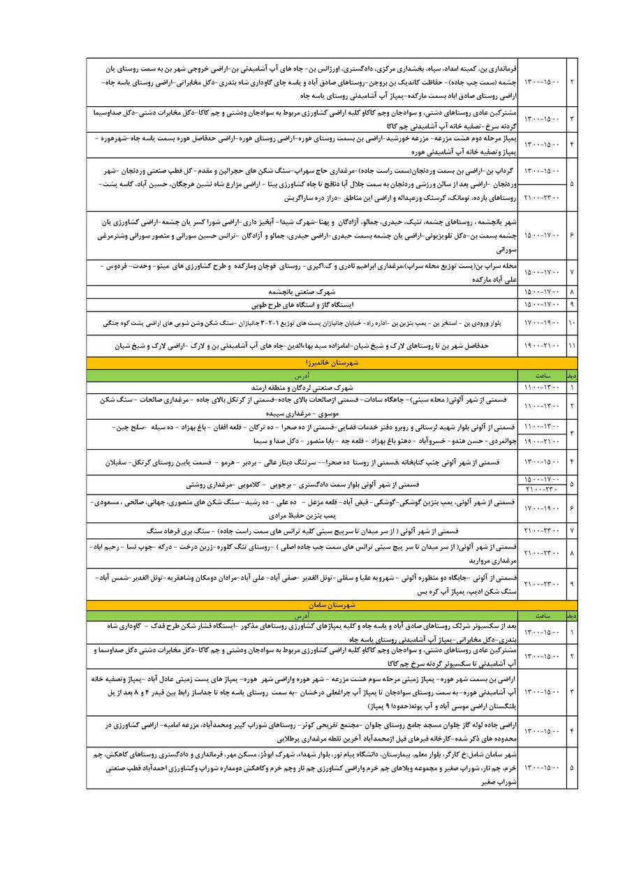 برنامه قطعی برق چهارمحال و بختیاری سه شنبه ۱۱ شهریور + جدول