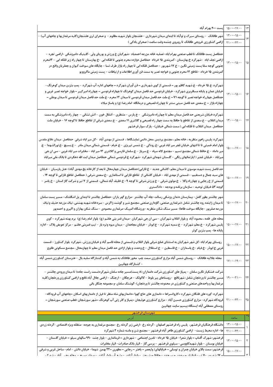 برنامه قطعی برق چهارمحال و بختیاری سه شنبه ۱۱ شهریور + جدول