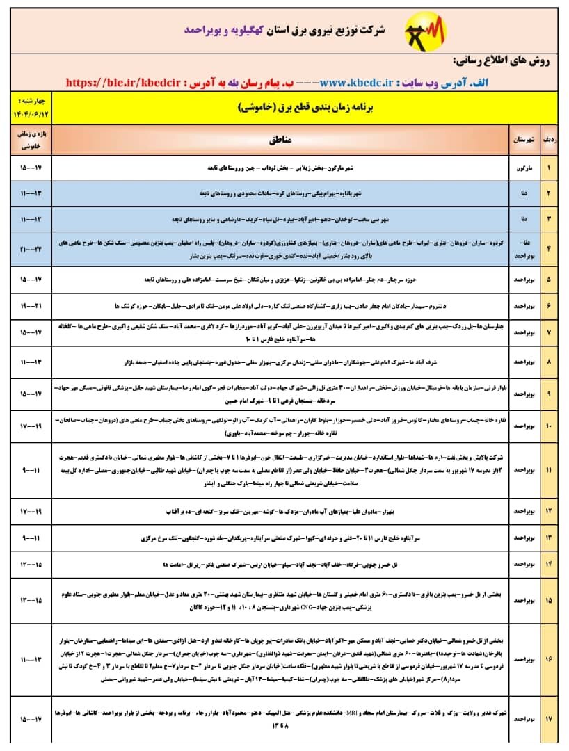 جدول قطعی برق یاسوج، چهارشنبه ۱۲ شهریور ۱۴۰۴ + ساعات خاموشی کهگیلویه و بویراحمد