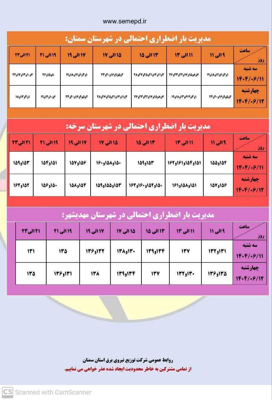 جدول قطعی برق استان سمنان امروز چهارشنبه ۱۲ شهریور ۱۴۰۴ + لیست مناطق