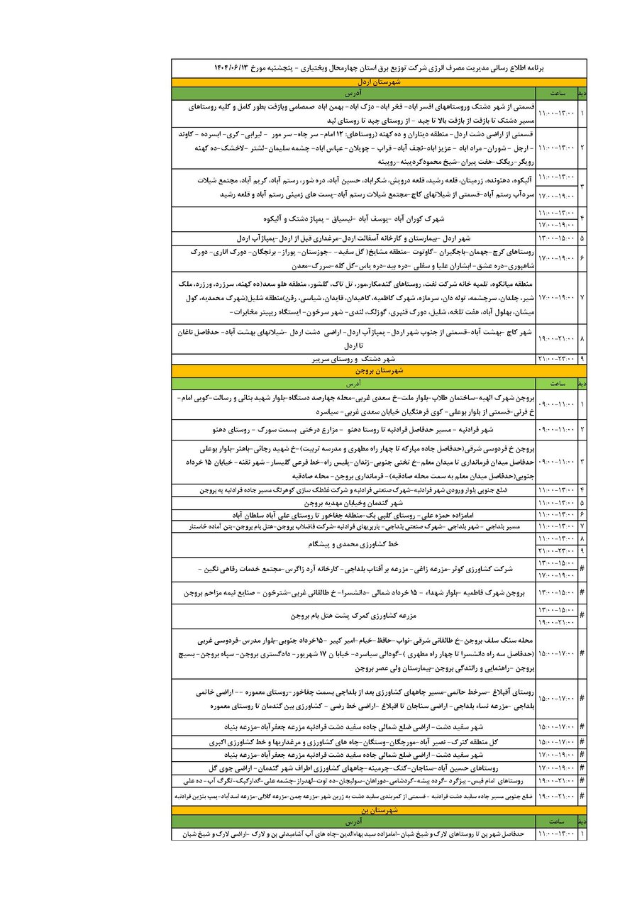 برنامه قطعی برق چهارمحال و بختیاری پنجشنبه ۱۳ شهریور + جدول