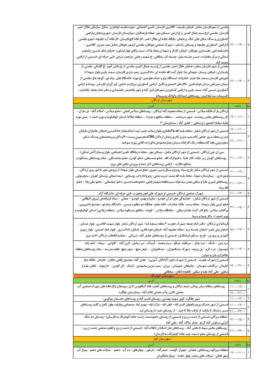 برنامه قطعی برق چهارمحال‌ و بختیاری‌ پنجشنبه ۱۳ شهریور + جدول