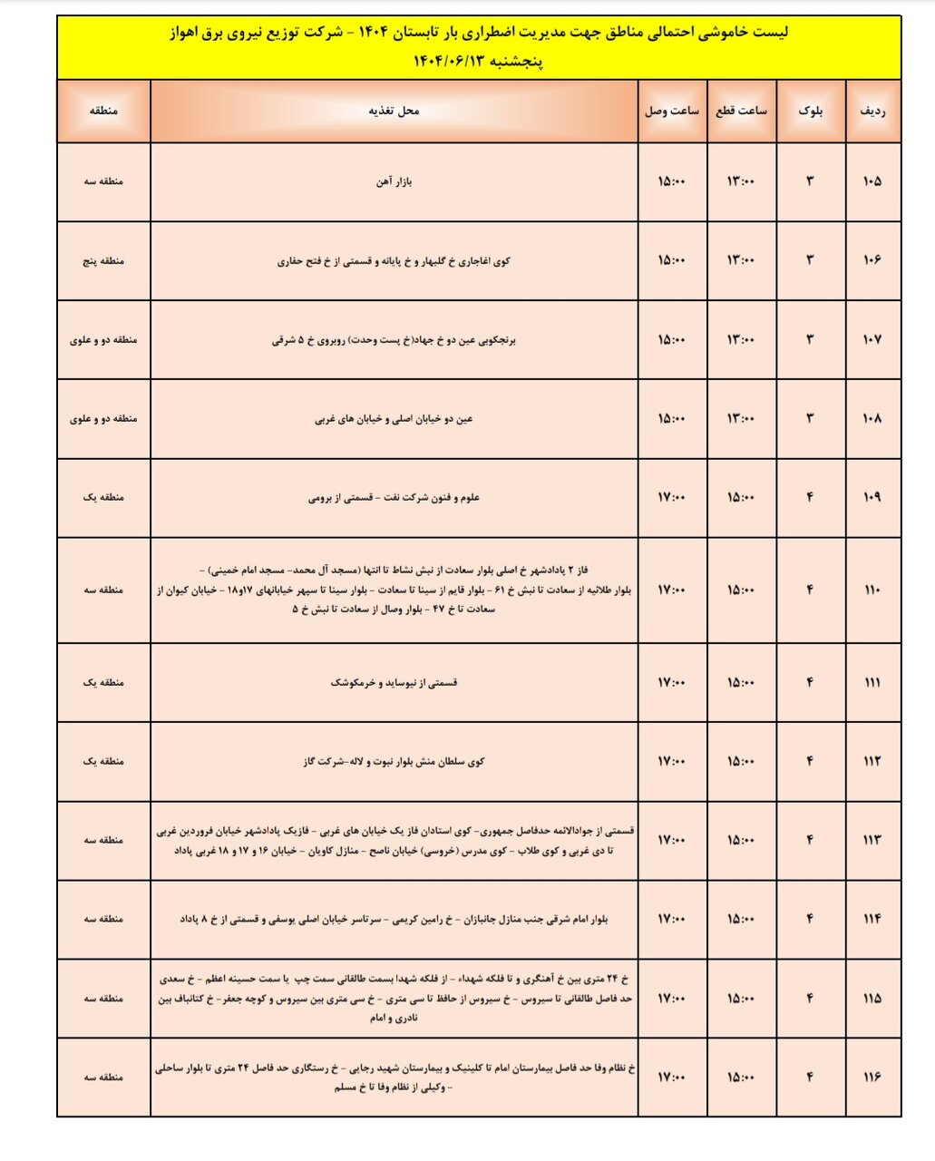 جدول خاموشی اهواز