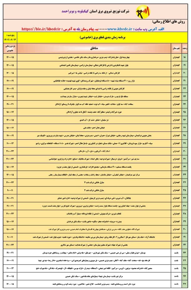 جدول قطعی برق یاسوج پنجشنبه ۱۳ شهریور ۱۴۰۴ + ساعات خاموشی کهگیلویه و بویراحمد