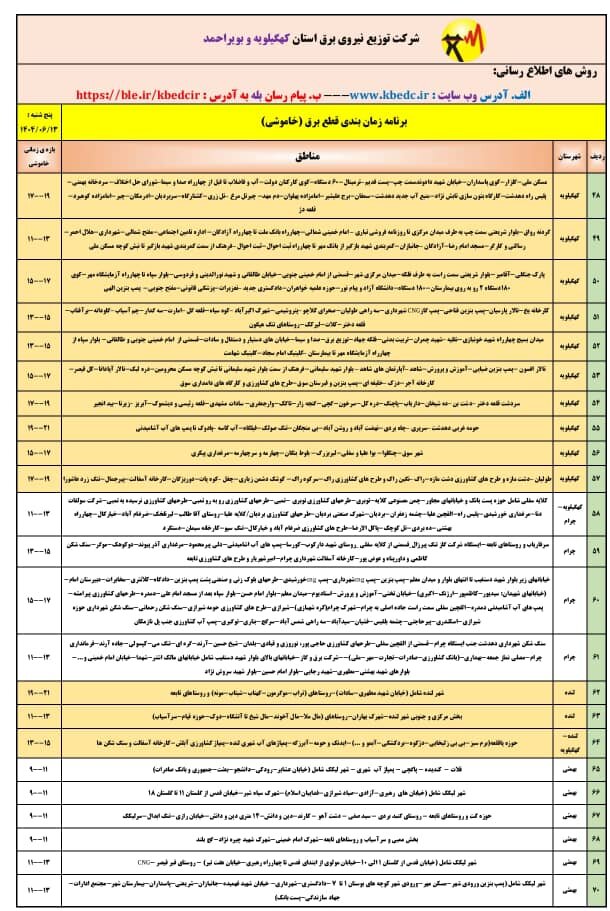جدول قطعی برق یاسوج پنجشنبه ۱۳ شهریور ۱۴۰۴ + ساعات خاموشی کهگیلویه و بویراحمد