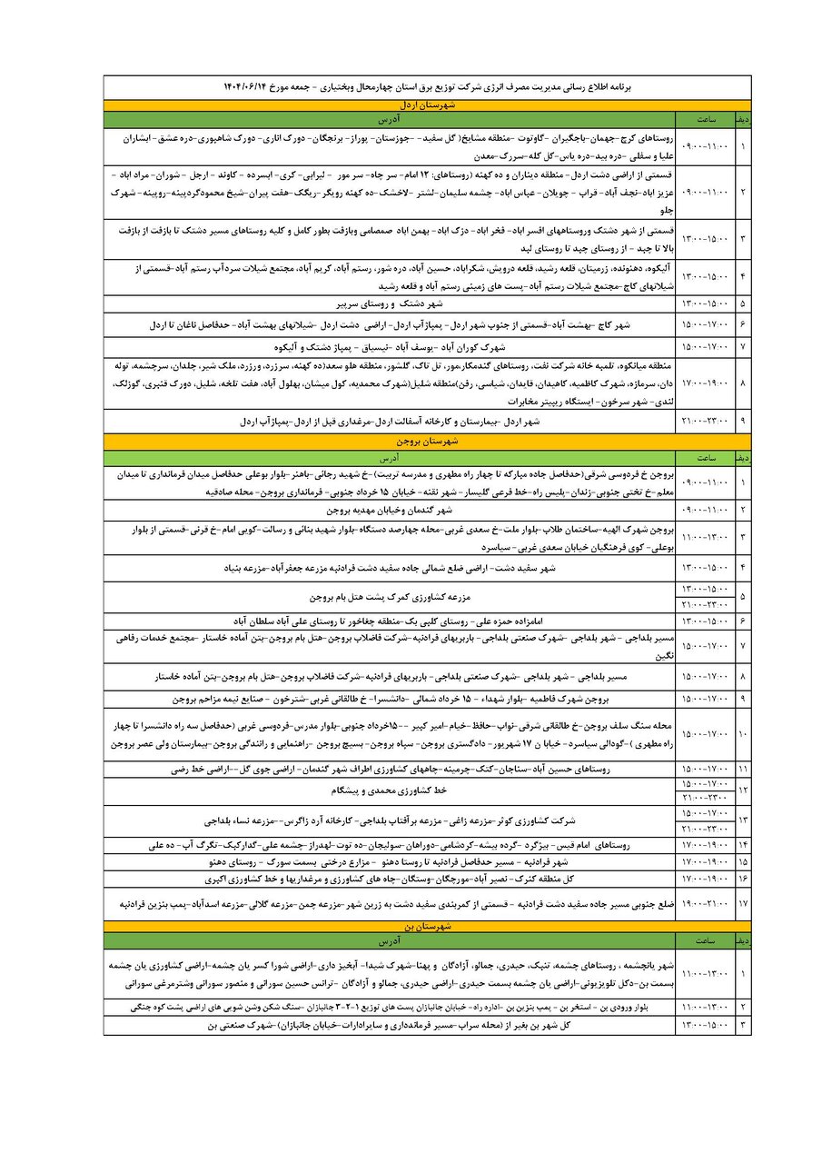 برنامه قطعی برق چهارمحال و بختیاری جمعه ۱۴ شهریور + جدول
