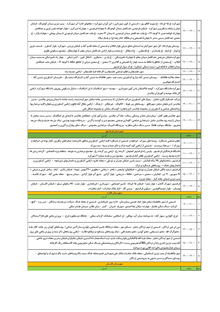 برنامه قطعی برق چهارمحال و بختیاری جمعه ۱۴ شهریور + جدول