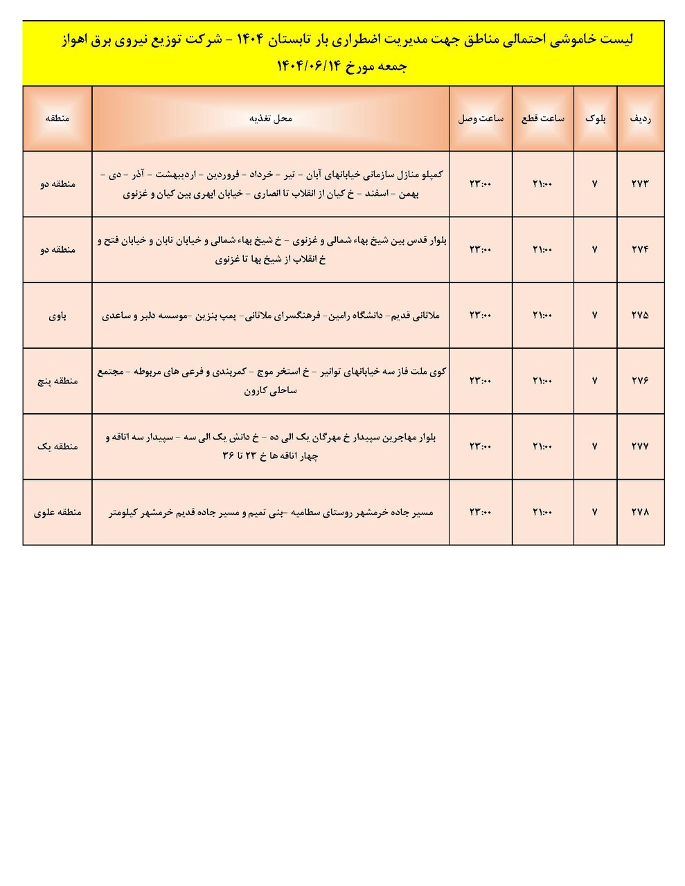 جدول خاموشی جدول خاموشی