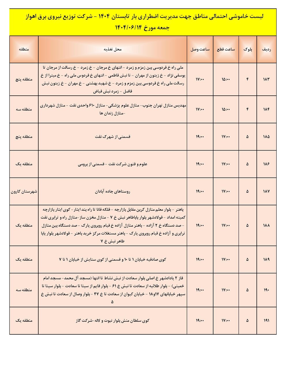 جدول خاموشی جدول خاموشی