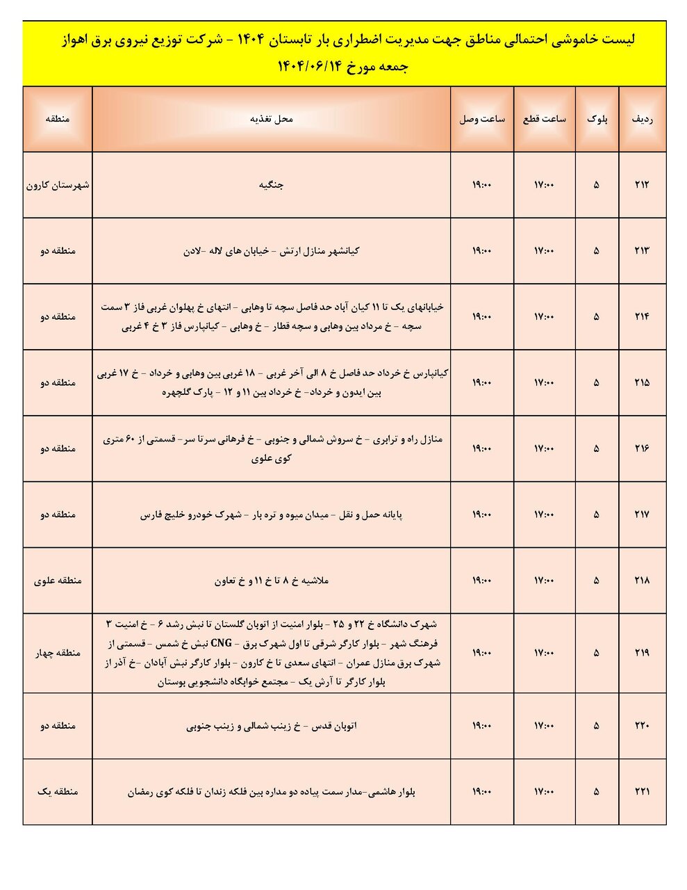 جدول خاموشی جدول خاموشی