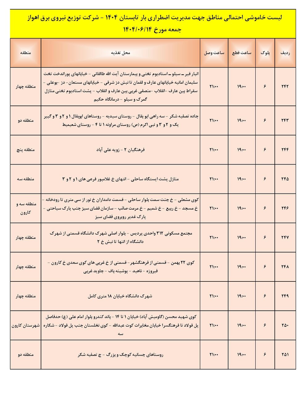 جدول خاموشی جدول خاموشی