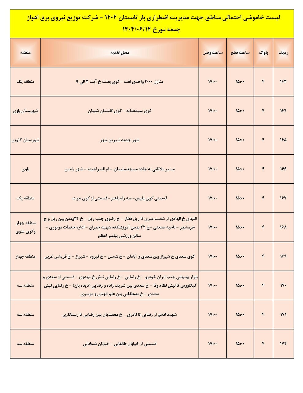 جدول خاموشی جدول خاموشی
