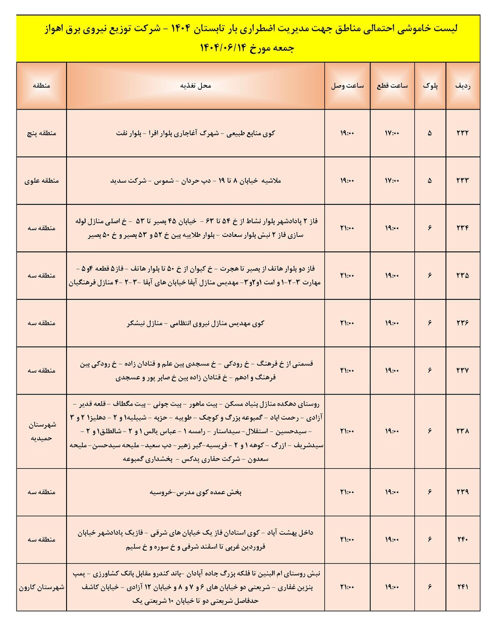 جدول خاموشی جدول خاموشی