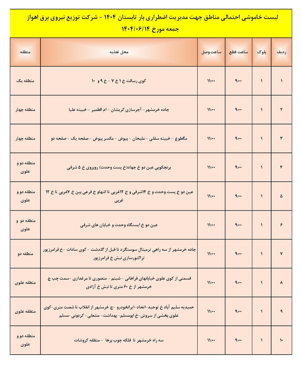جدول خاموشی جدول خاموشی