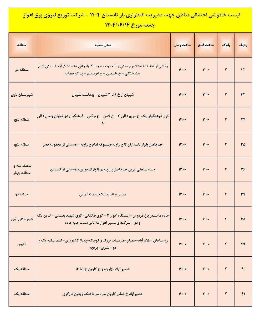 جدول خاموشی جدول خاموشی