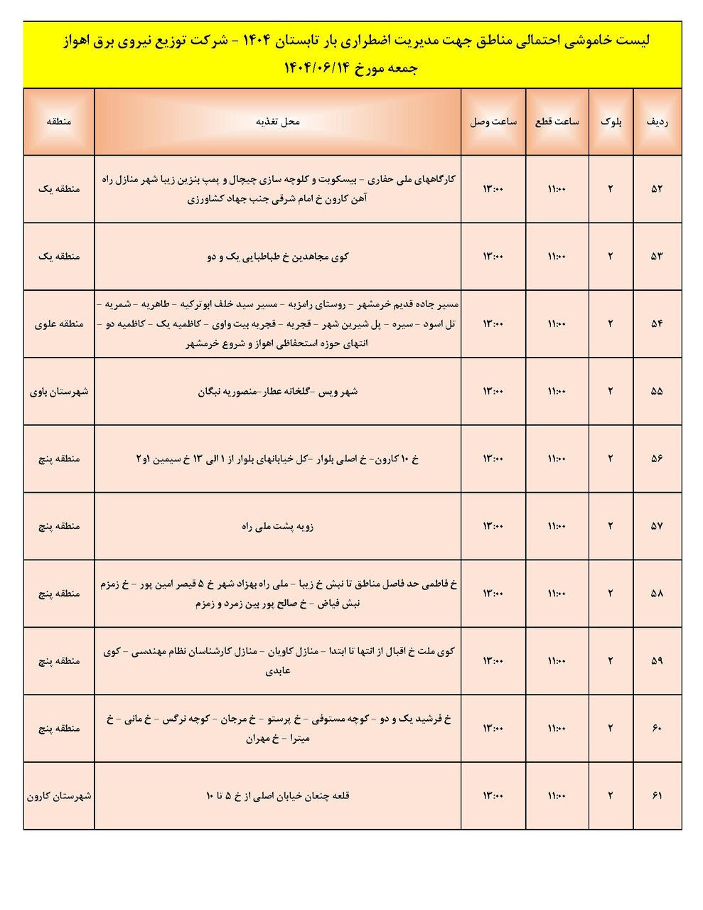 جدول خاموشی جدول خاموشی
