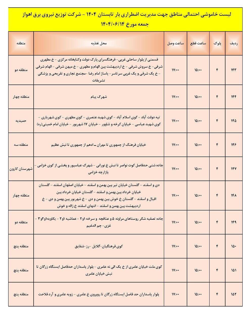 جدول خاموشی جدول خاموشی