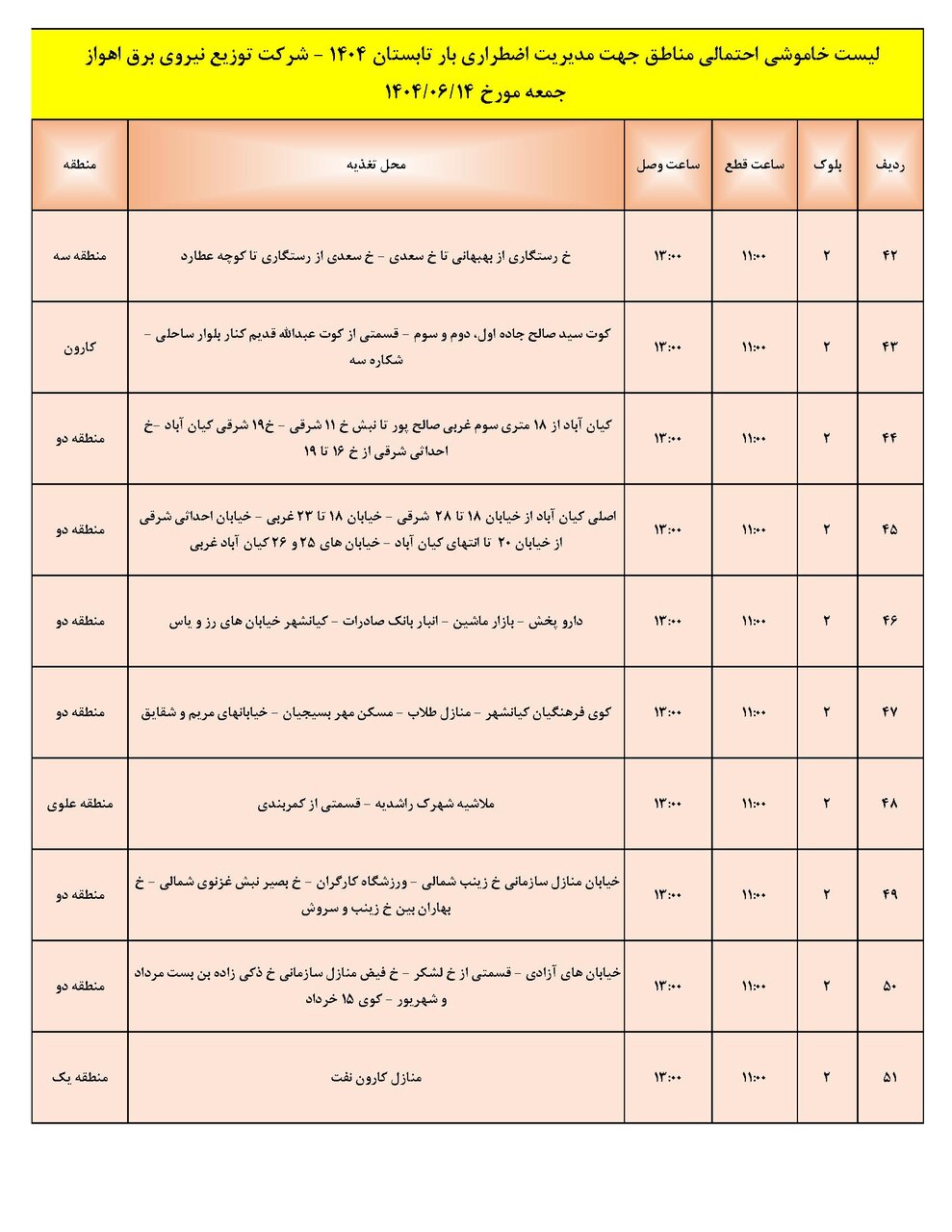 جدول خاموشی جدول خاموشی