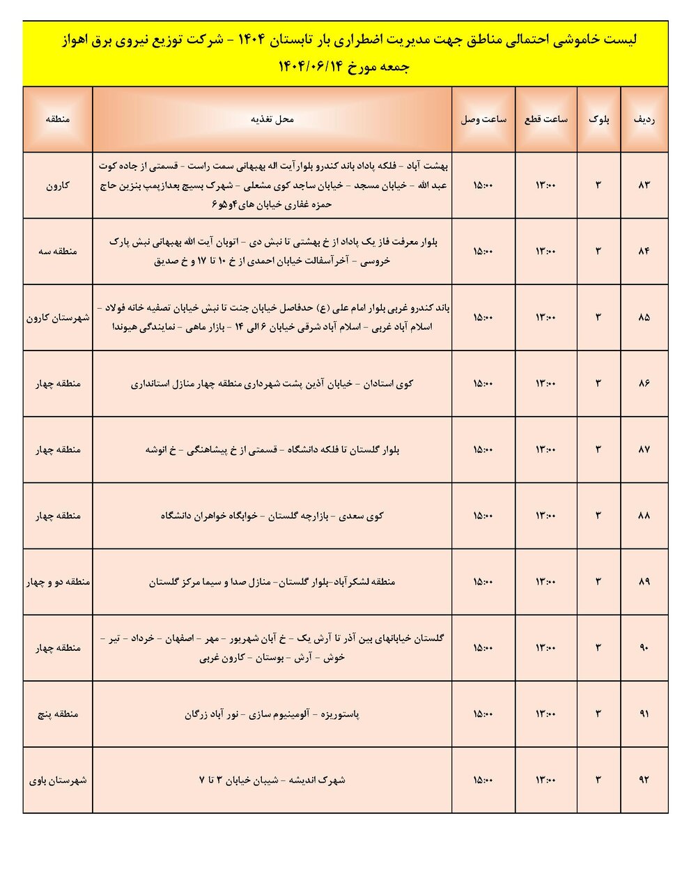 جدول خاموشی جدول خاموشی