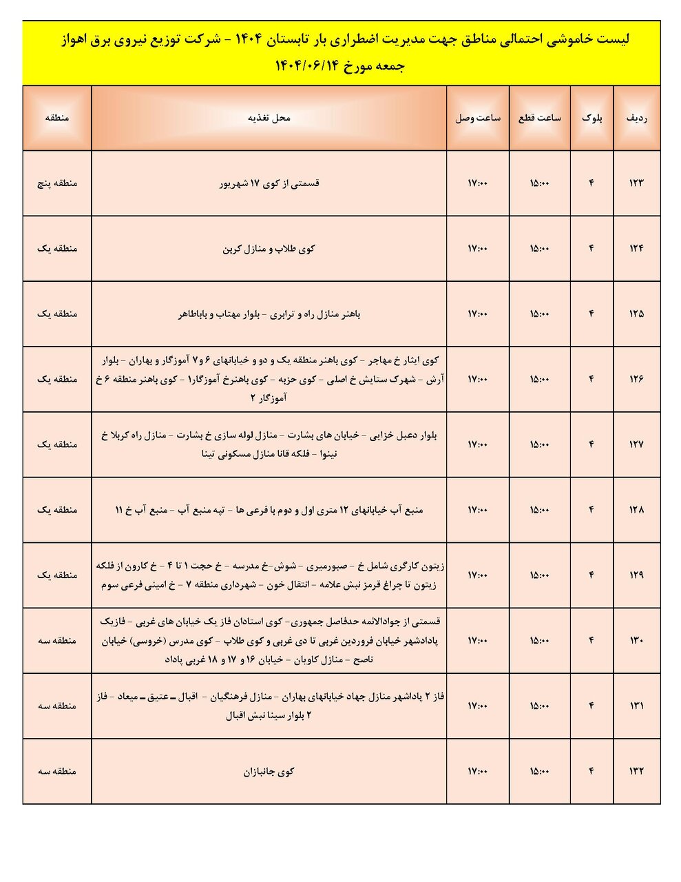 جدول خاموشی جدول خاموشی
