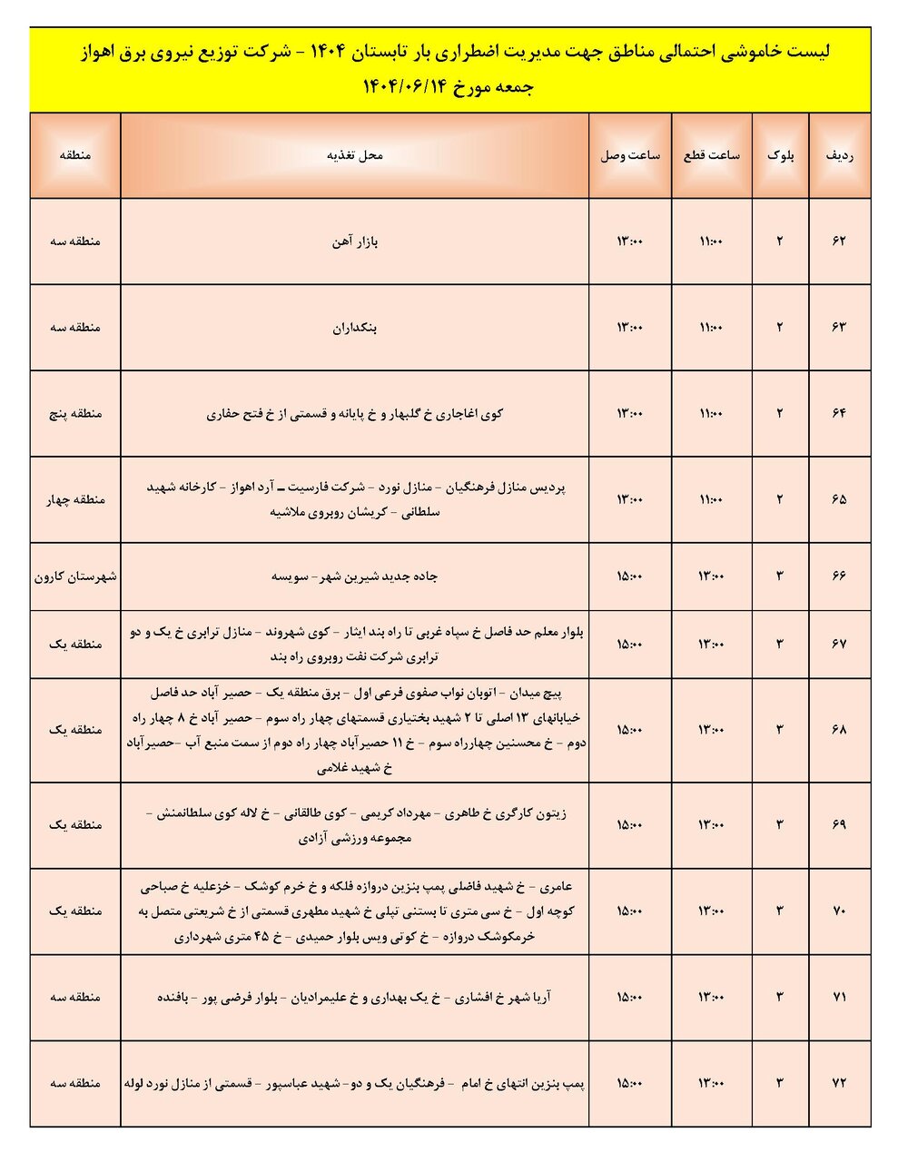 جدول خاموشی جدول خاموشی