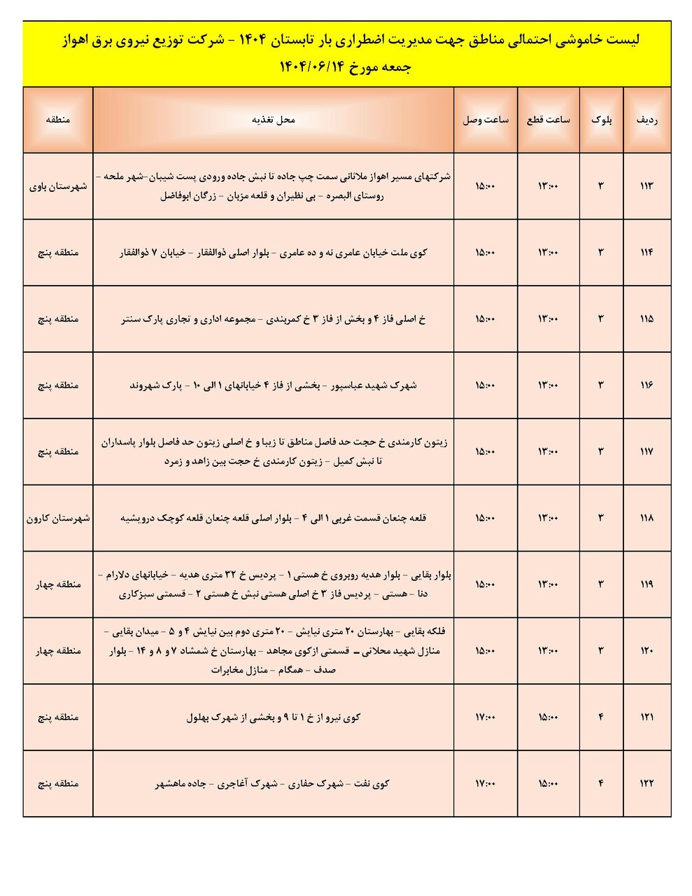 جدول خاموشی جدول خاموشی
