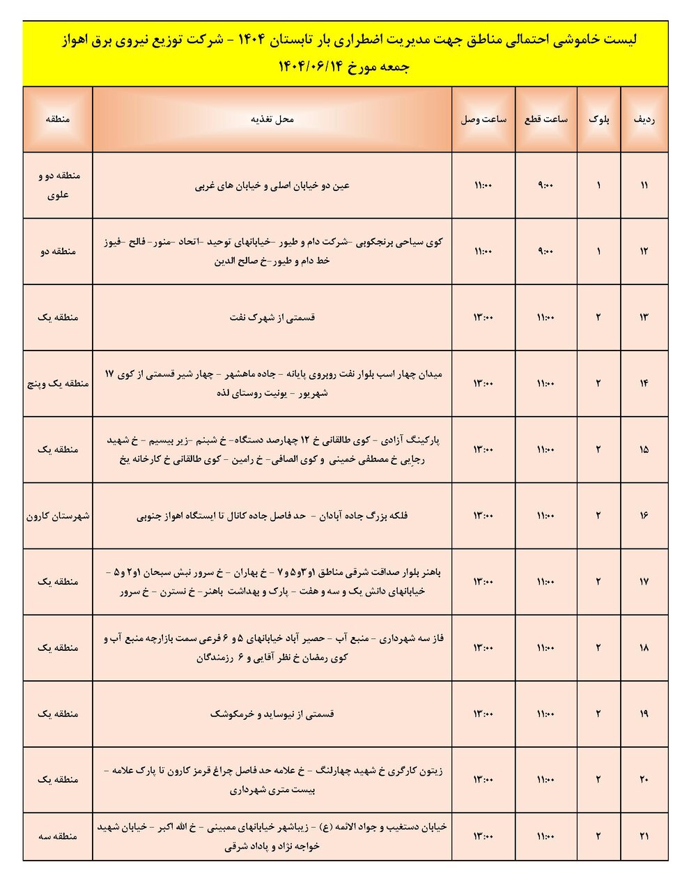 جدول خاموشی جدول خاموشی
