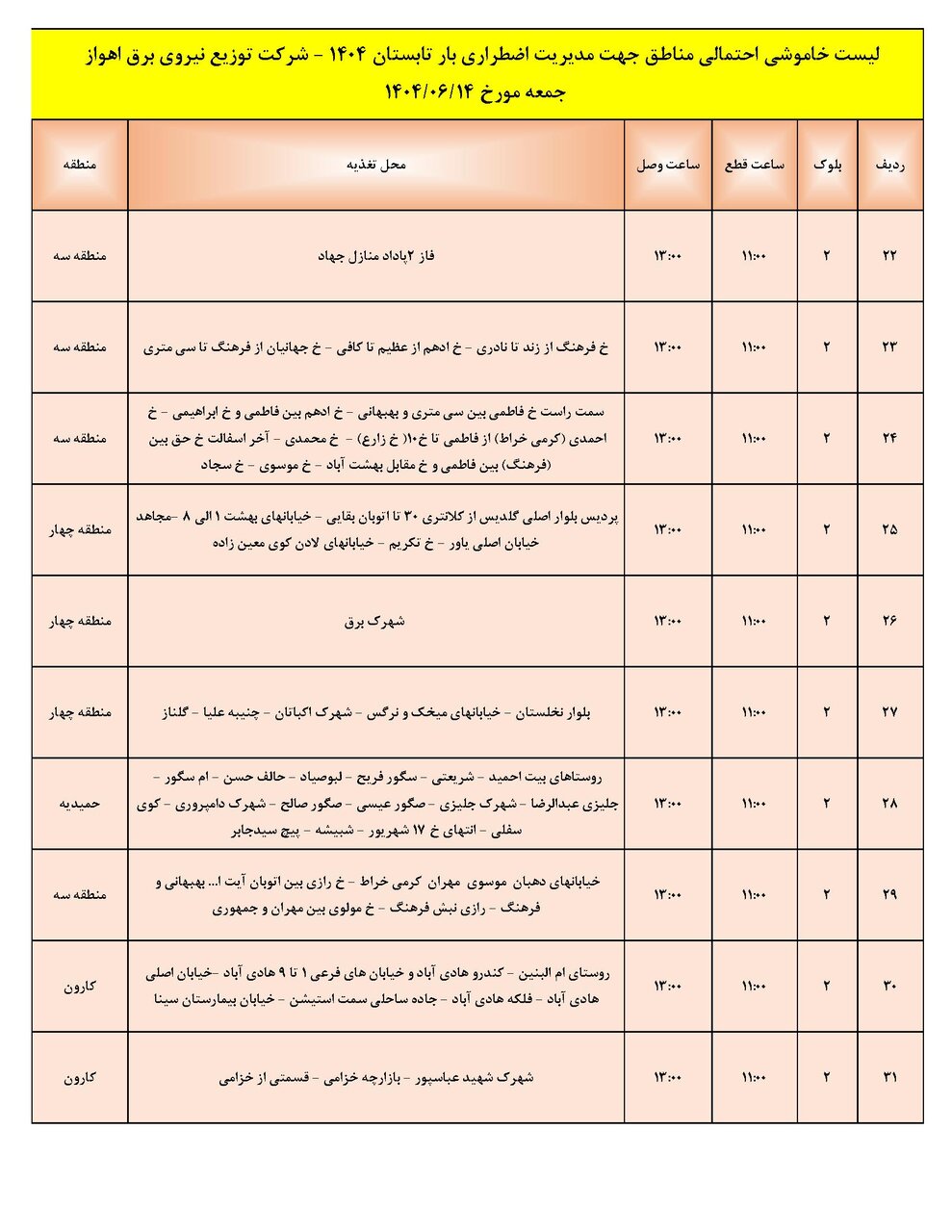 جدول خاموشی جدول خاموشی