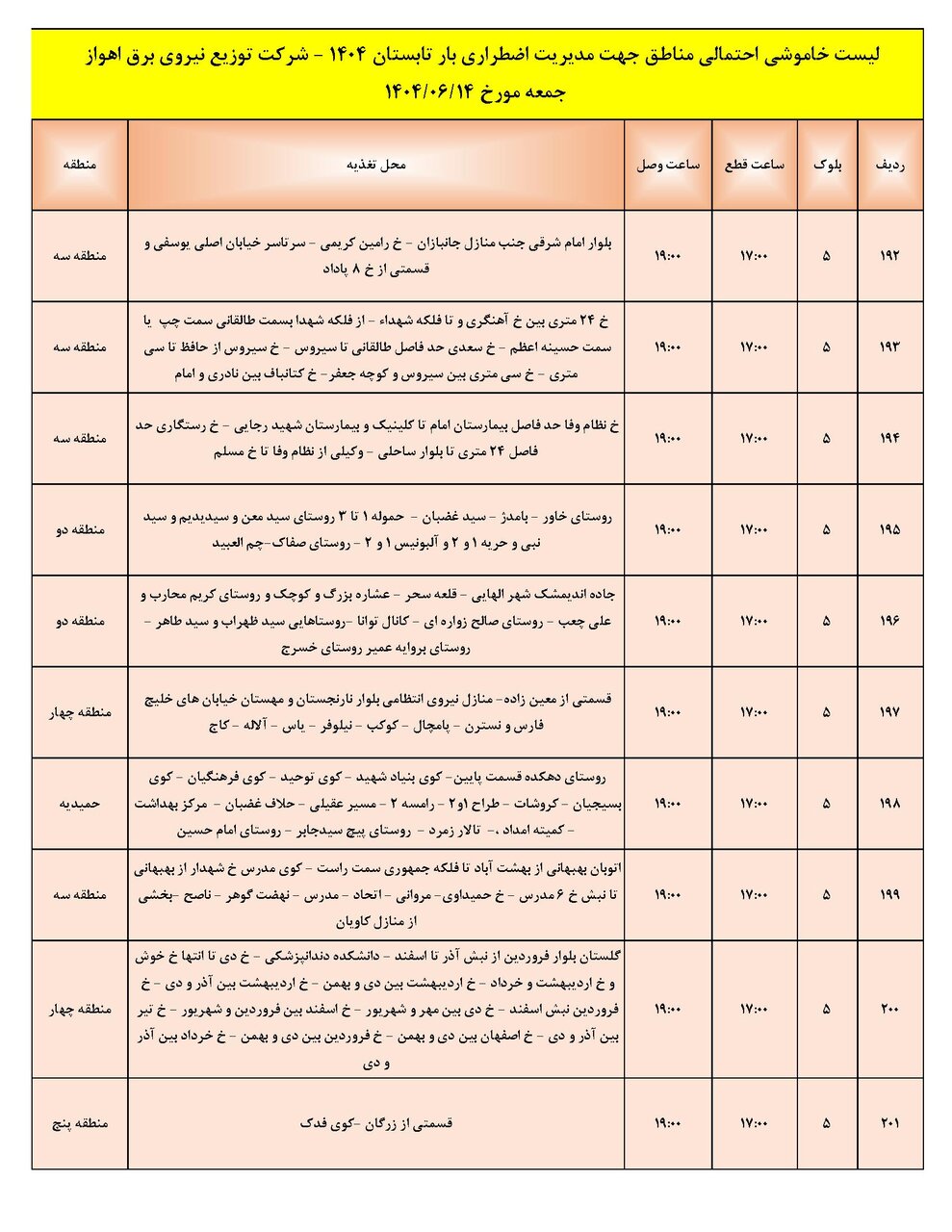 جدول خاموشی جدول خاموشی