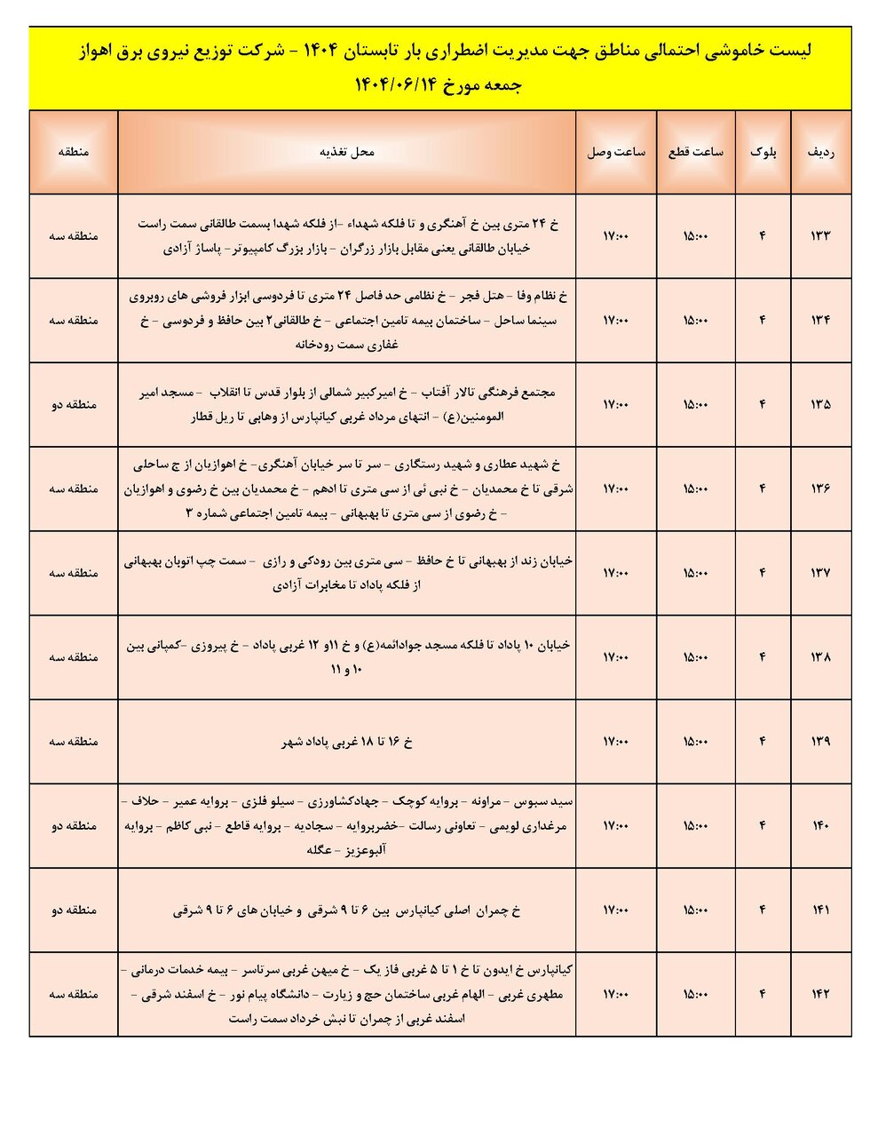 جدول خاموشی جدول خاموشی