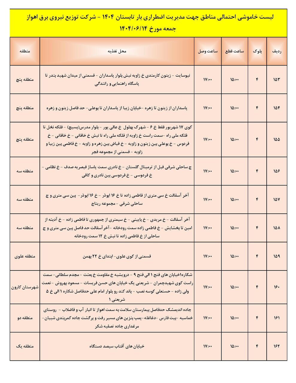جدول خاموشی جدول خاموشی