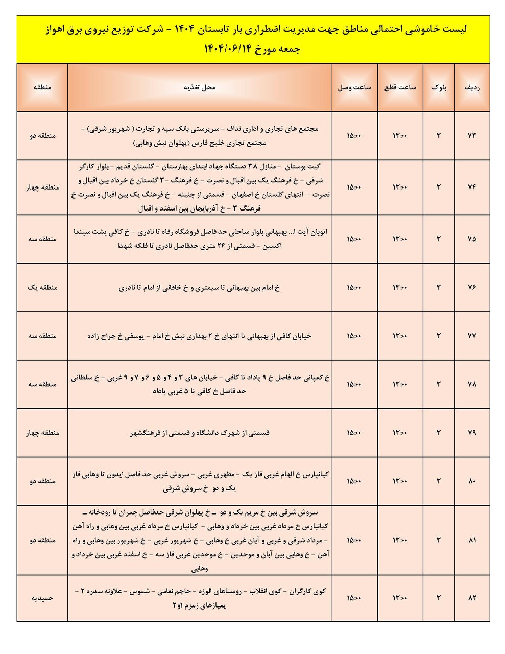جدول خاموشی جدول خاموشی