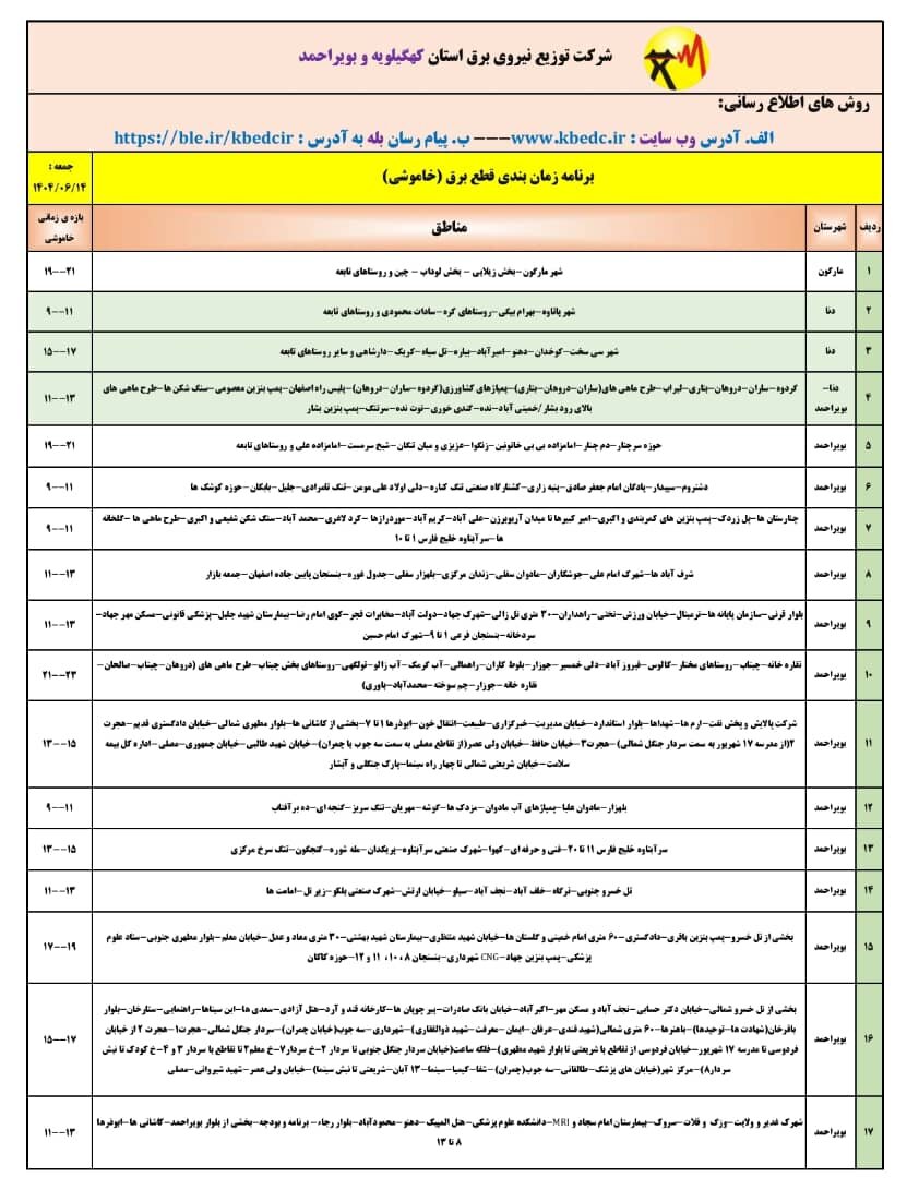 جدول قطعی برق یاسوج امروز جمعه ۱۴ شهریور ۱۴۰۴ + ساعات خاموشی کهگیلویه و بویراحمد