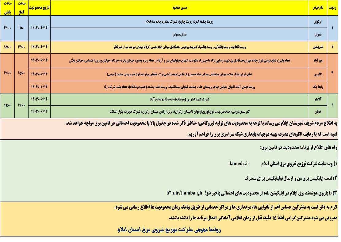جدول قطعی برق استان ایلام امروز جمعه ۱۴ شهریور + جدول