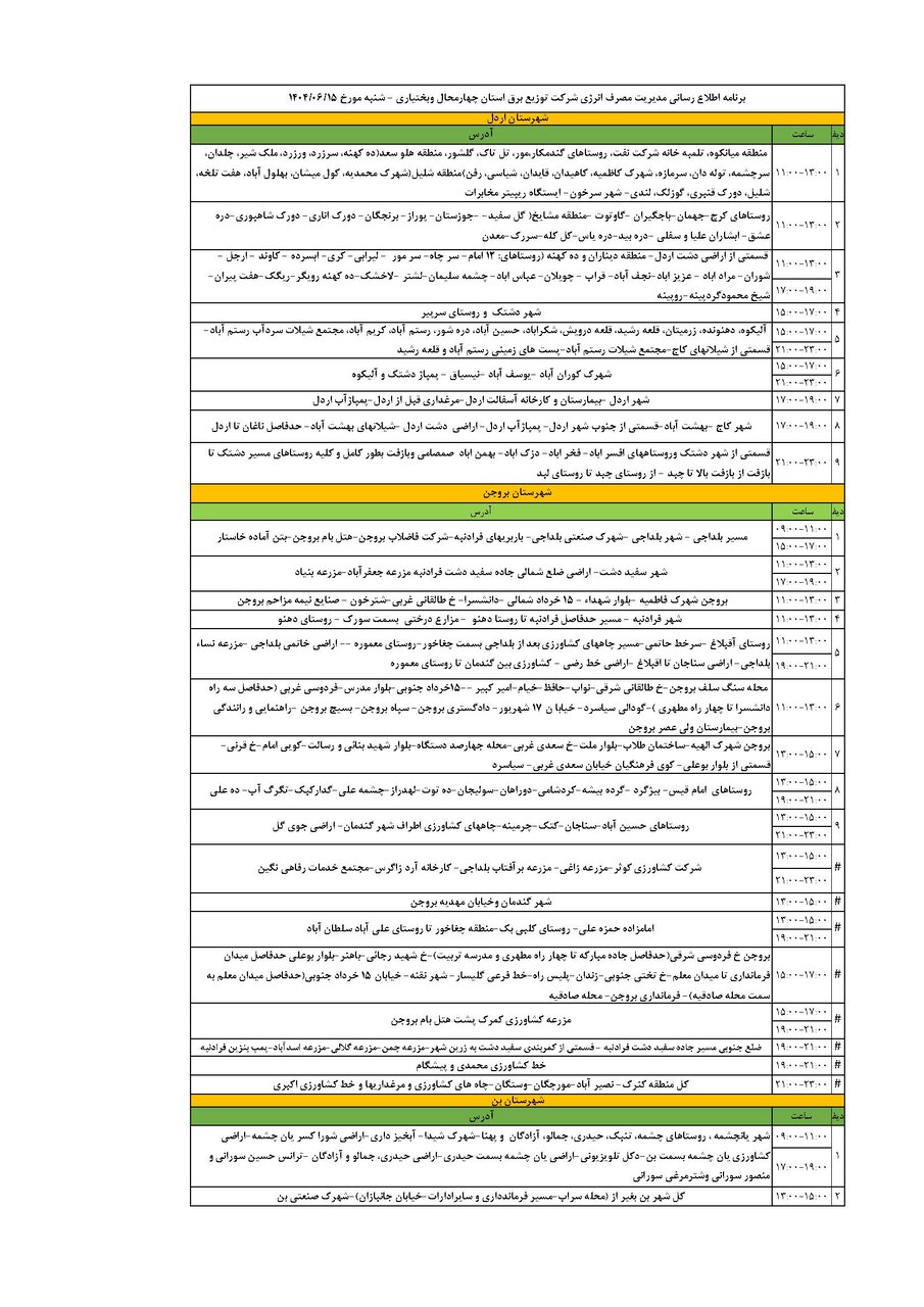 برنامه قطعی برق چهارمحال و بختیاری شنبه ۱۵ شهریور + جدول